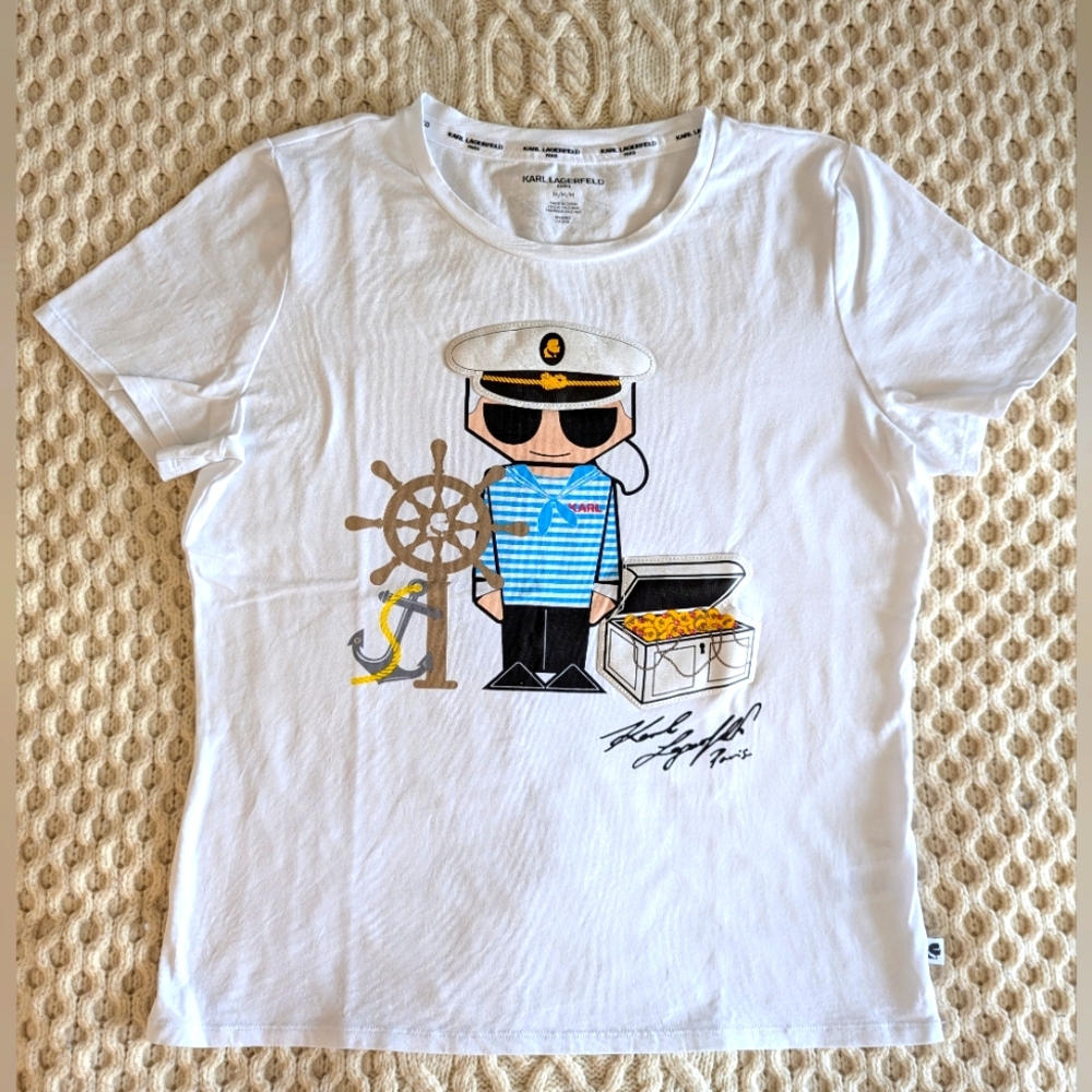 *KARL LAGERFELD* Nautical Sea Captain Icon T-shirt Tee, White, Sz Medium LK NEW!